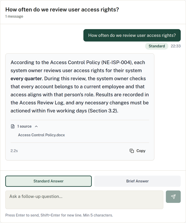 The same question answered in the Standard style, in a short paragraph that cites the Access Control Policy and the section it comes from.