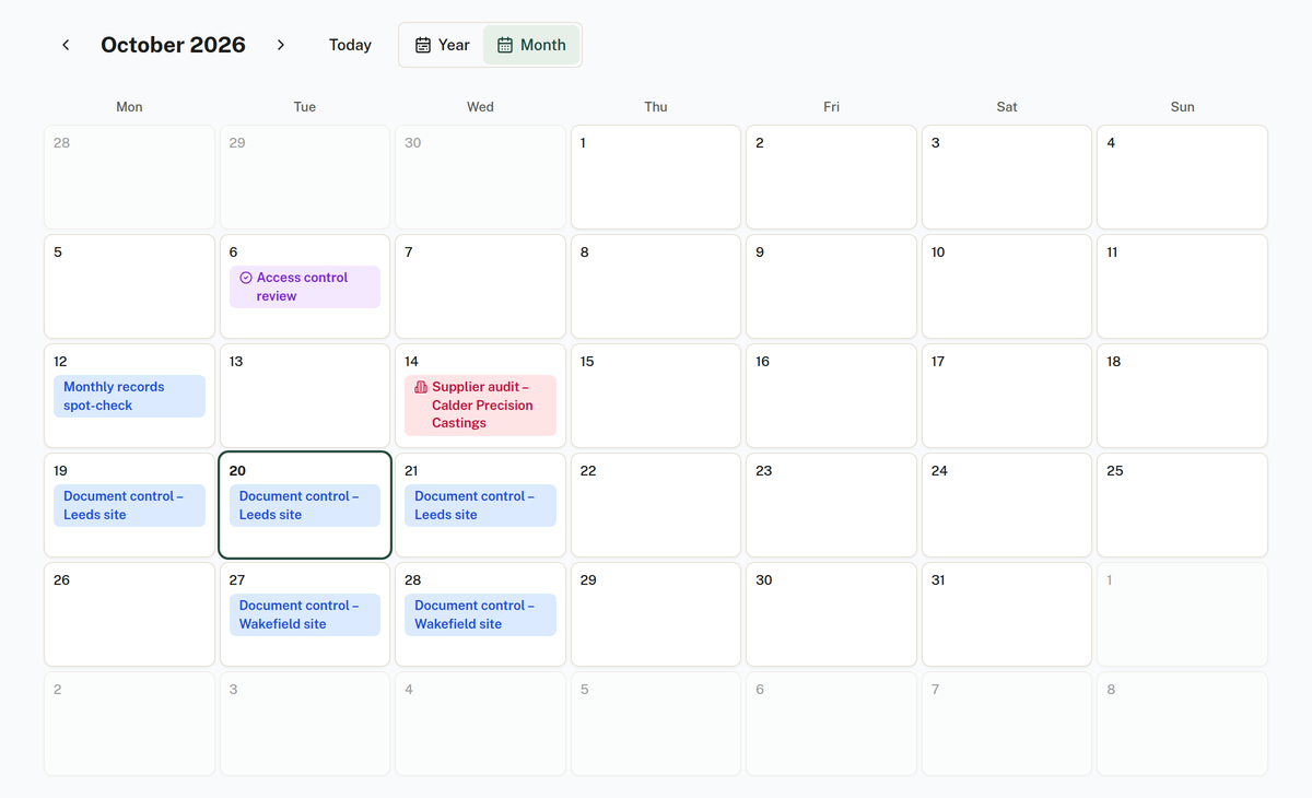 A month of booked audits with full titles, in weeks that start on Monday.