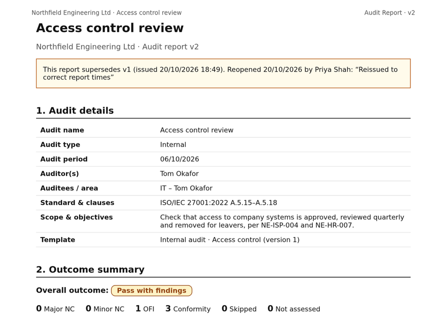 The top of an audit report, showing the audit details, a note that it supersedes an earlier version, and the outcome: Pass with findings.