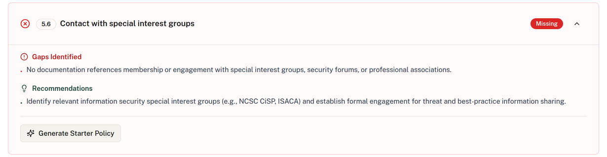 A missing control opened to show the gap, a recommendation and a button to generate a starter policy.
