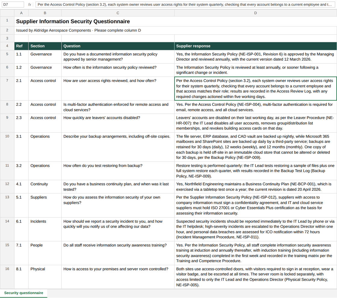 The returned questionnaire spreadsheet, with every question answered in the supplier response column.