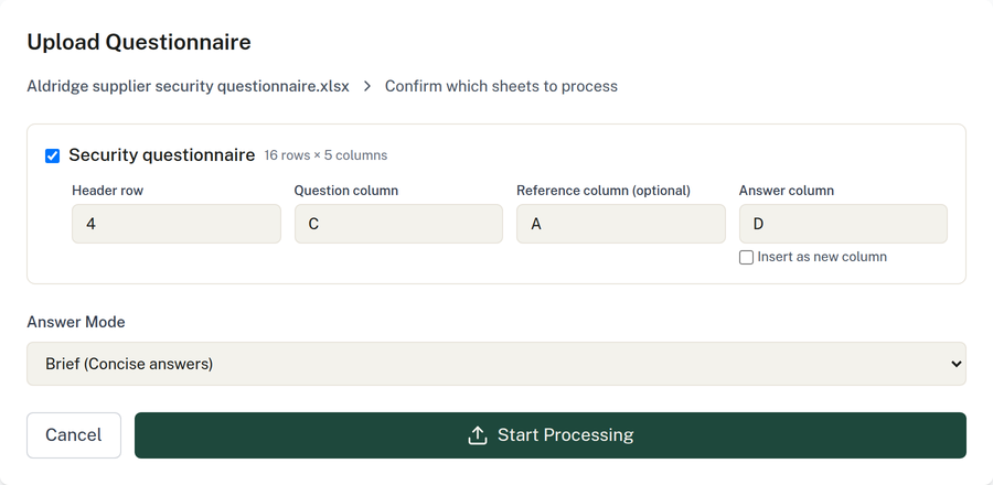 A questionnaire spreadsheet uploaded, with the header row, question column, reference column and answer column set before processing.